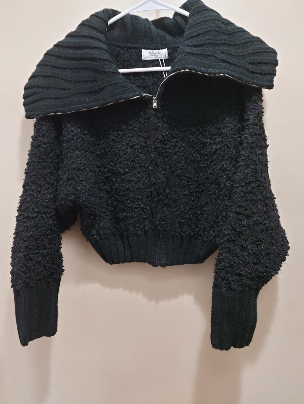 Sage The Label Black Cropped Zip-Collar Sherpa Sweater